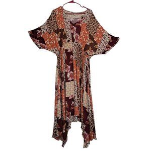 Cato Women’s Boho Patchwork Dress XL Kimono Sleeve Floral Leopard Asymmetrical